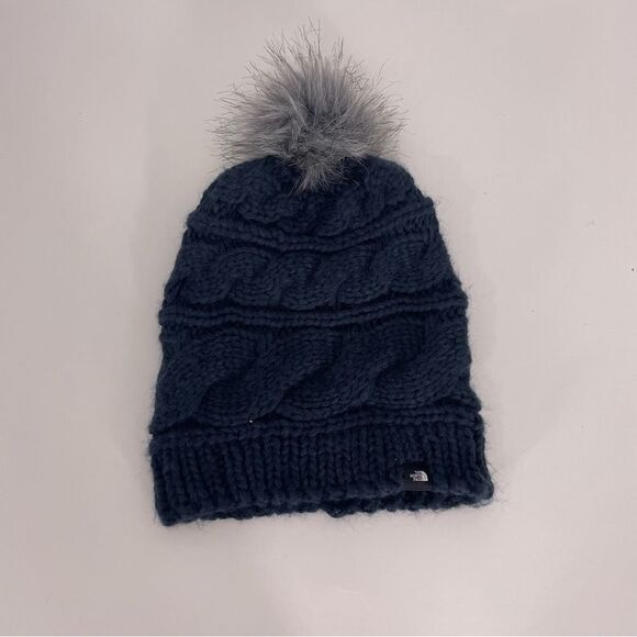 The North Face Navy Blue Knit with Grey Pom Pom Winter Hat - Picture 1 of 3
